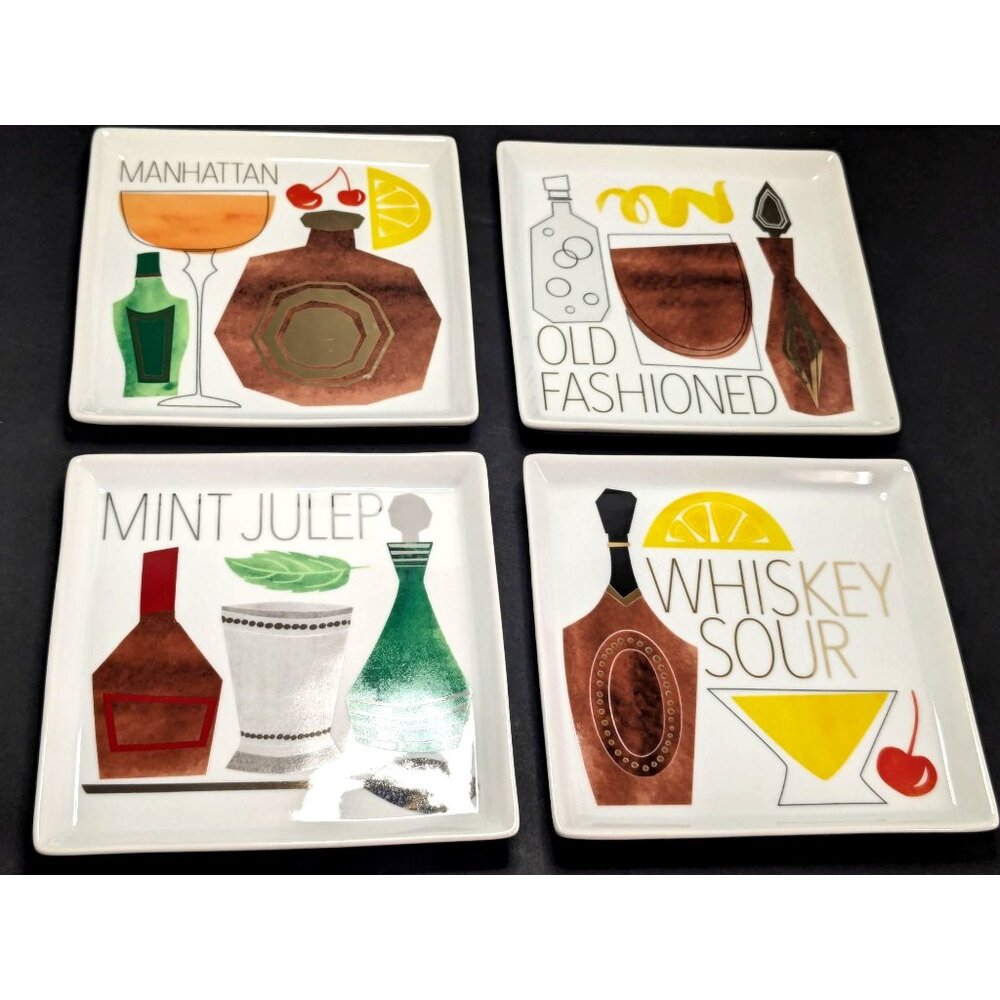 Crate & Barrel 4 Square appetizer Plates Whiskey Cocktail Recipes Metallic 6"